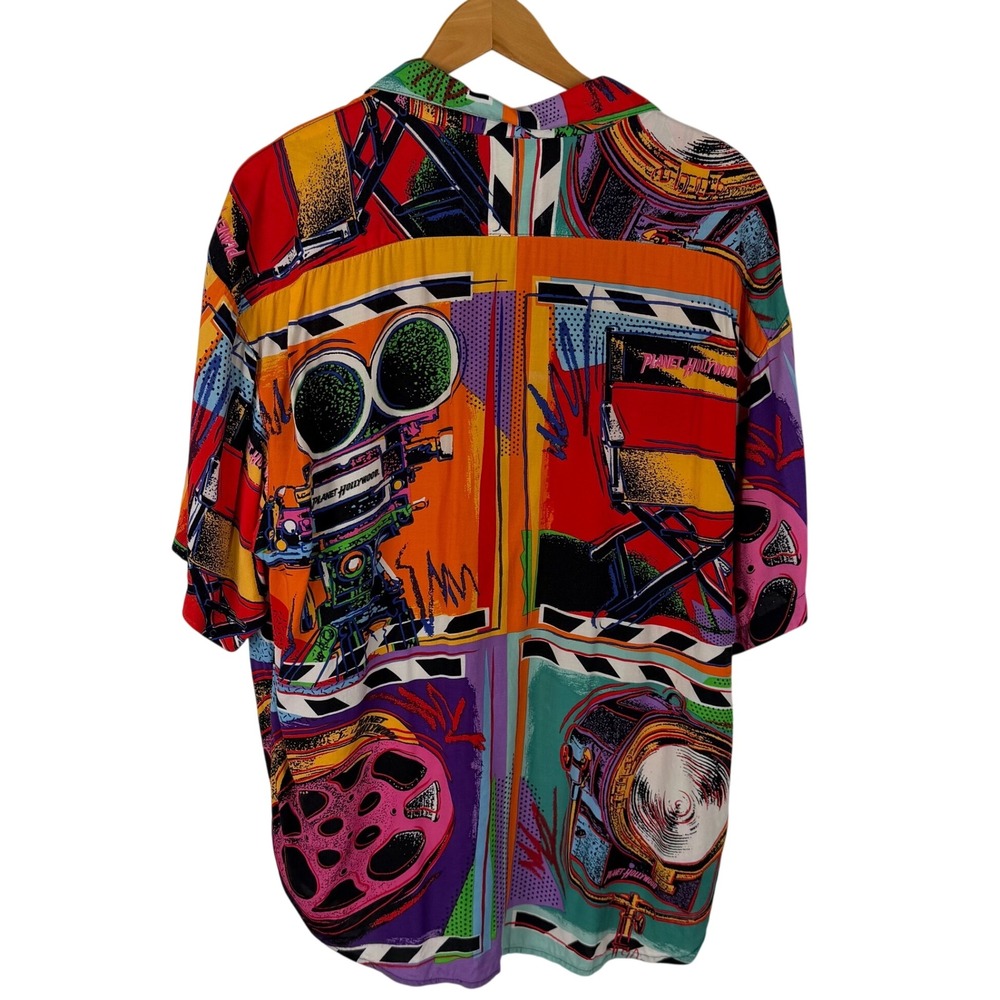 Vintage 1991 Planet Hollywood Pop Art Movie Print Rayon Shirt XL USA Made - Picture 2 of 9